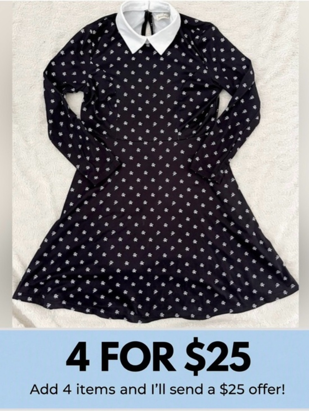 BESSER BAY Black Dress with White Floral Pattern and Collar Size Small